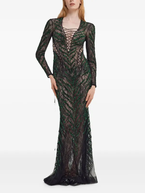 Roberto Cavalli Vestido Largo Manga Larga Con Detalles Negro