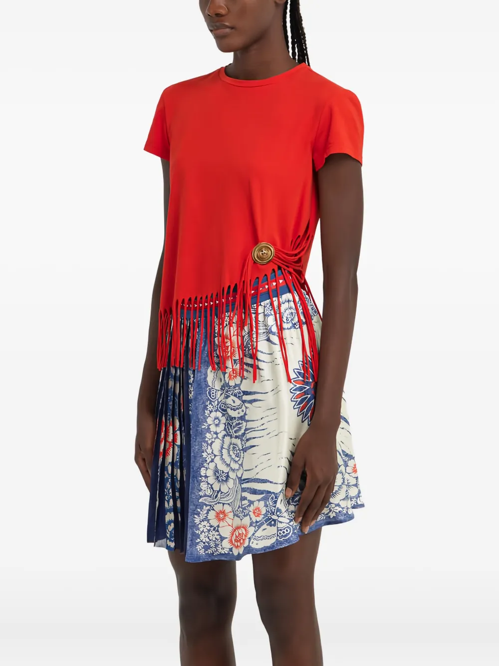 Roberto Cavalli Fringe-detail Button T-shirt In Red
