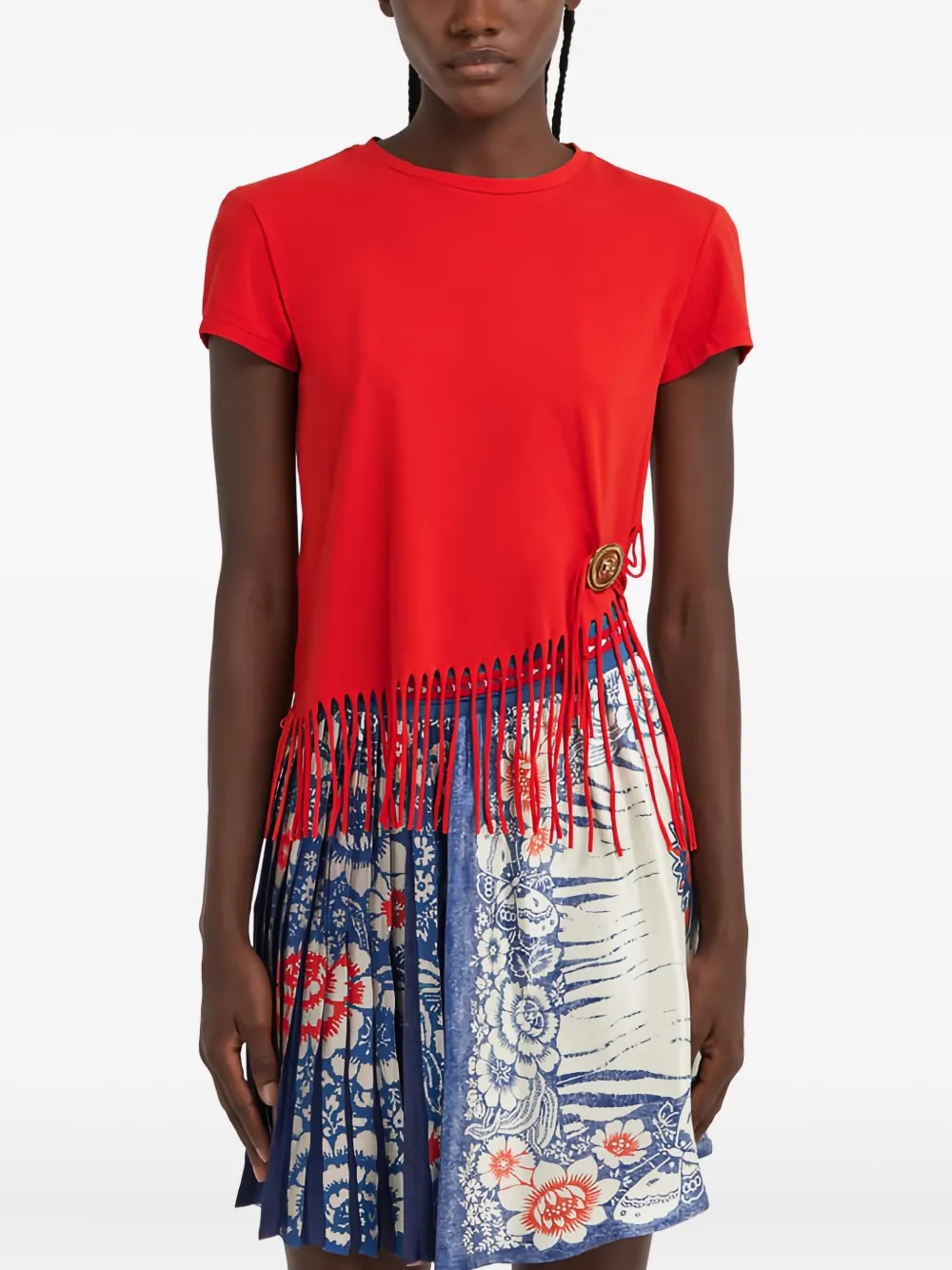 Roberto Cavalli Fringe-detail Button T-shirt In Red