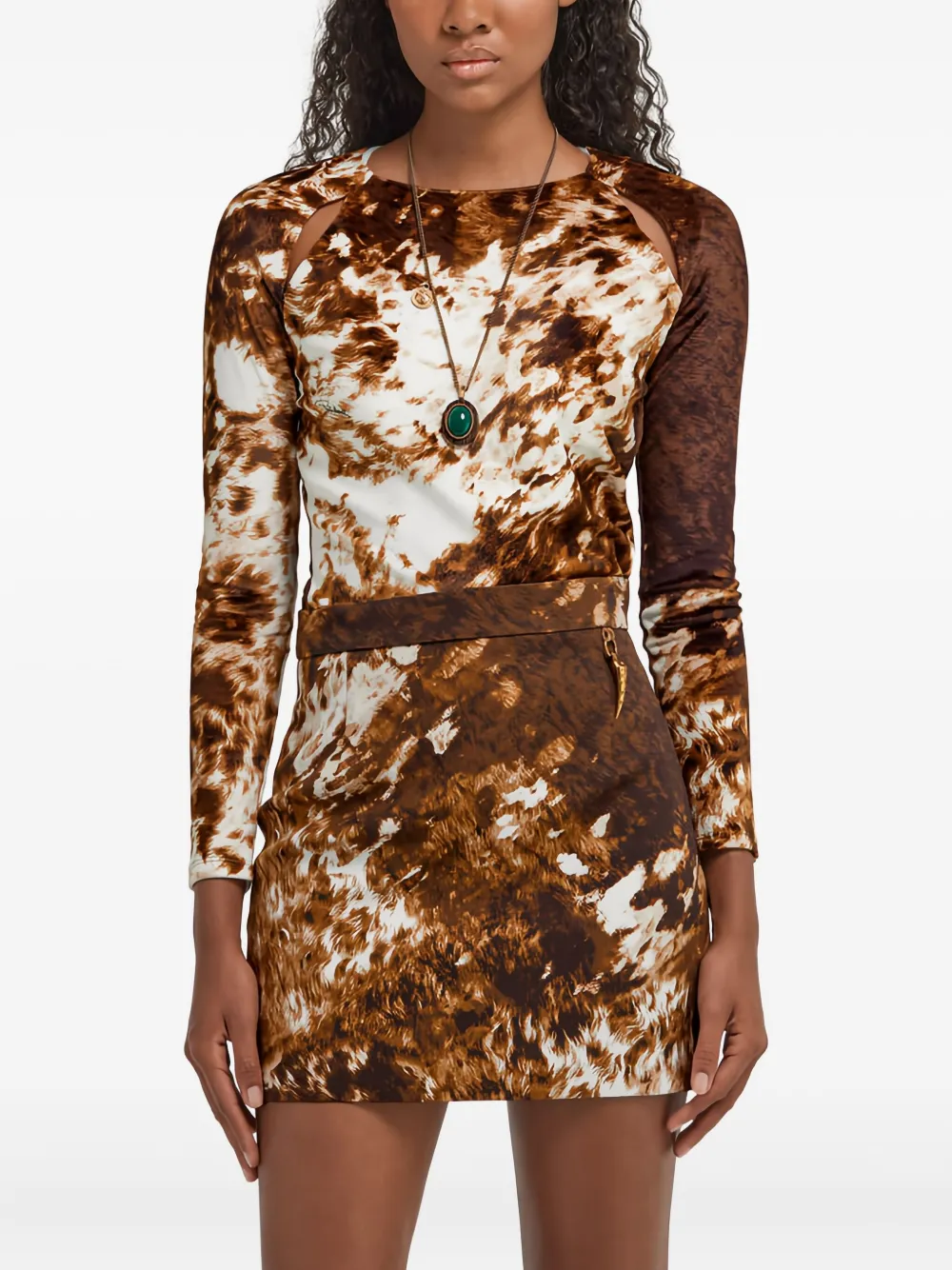 Roberto Cavalli Cut-out Printed Long-sleeve Top In Brown