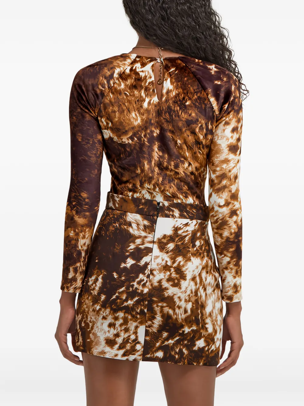 Roberto Cavalli Cut-out Printed Long-sleeve Top In Brown