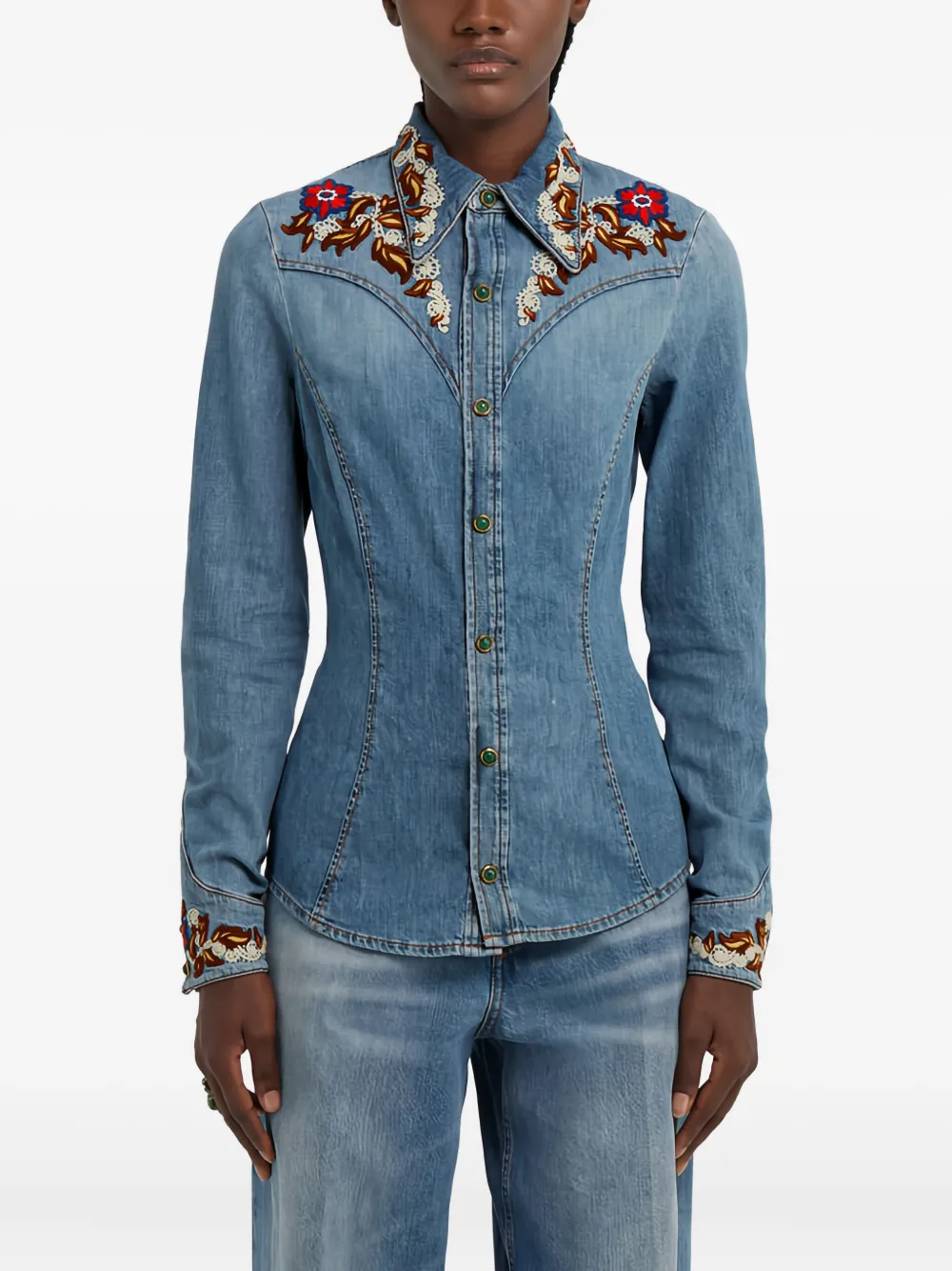 Roberto Cavalli Denim blouse met borduurwerk 04564 BLUE
