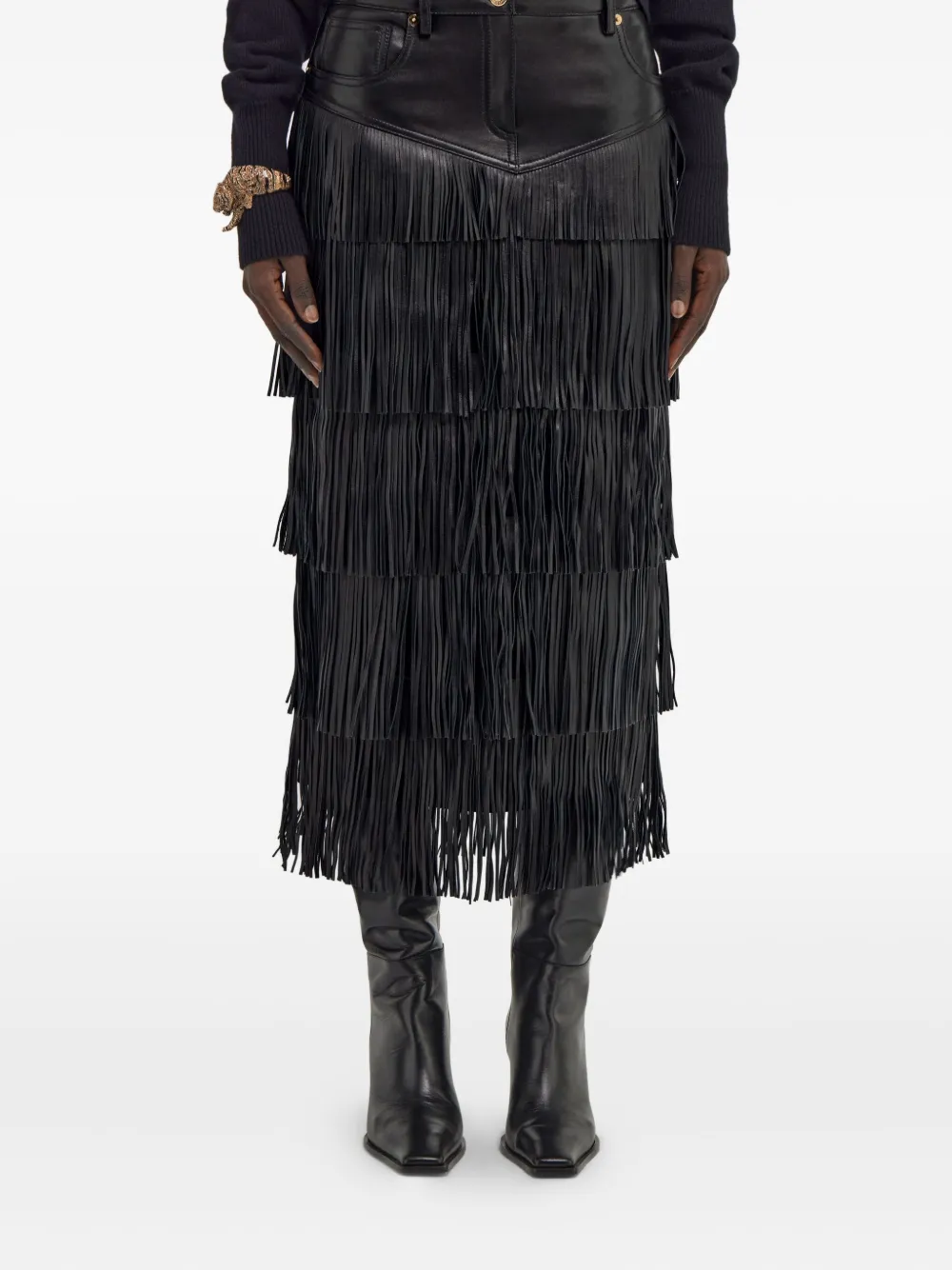 Roberto Cavalli Fringed Midi Skirt In Black