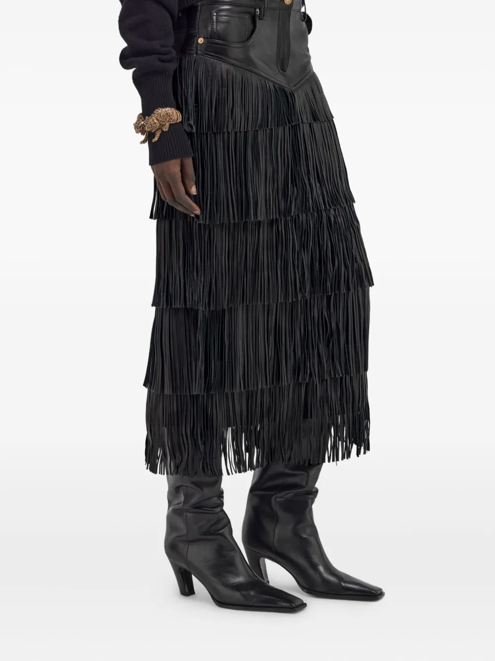 Roberto Cavalli Fringed Midi Skirt In Black