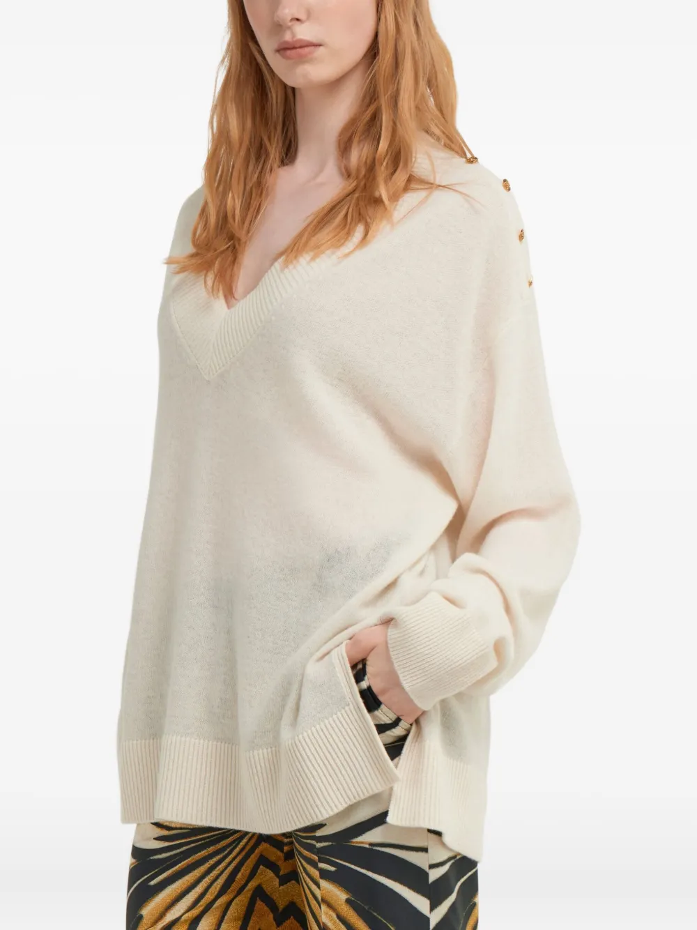 Roberto Cavalli V-neck Button-embellished Sweater In Neutral