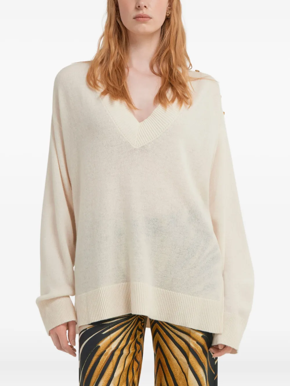 Roberto Cavalli V-neck Button-embellished Sweater In Neutral