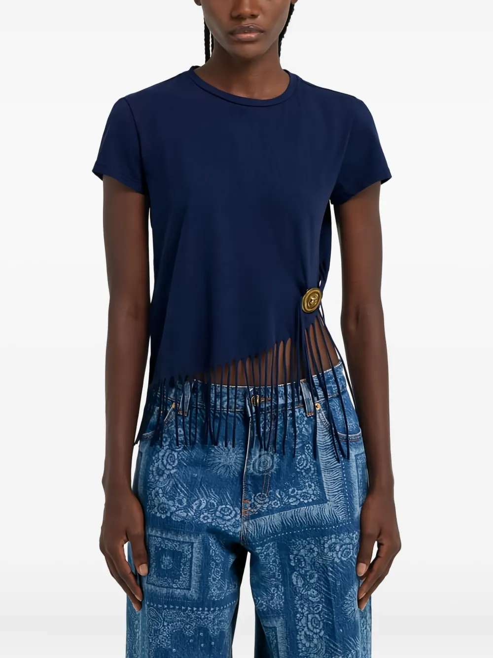 Roberto Cavalli Fringe-detail Button T-shirt In Blue