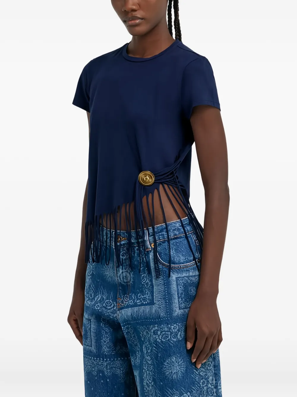 Roberto Cavalli Fringe-detail Button T-shirt In Blue