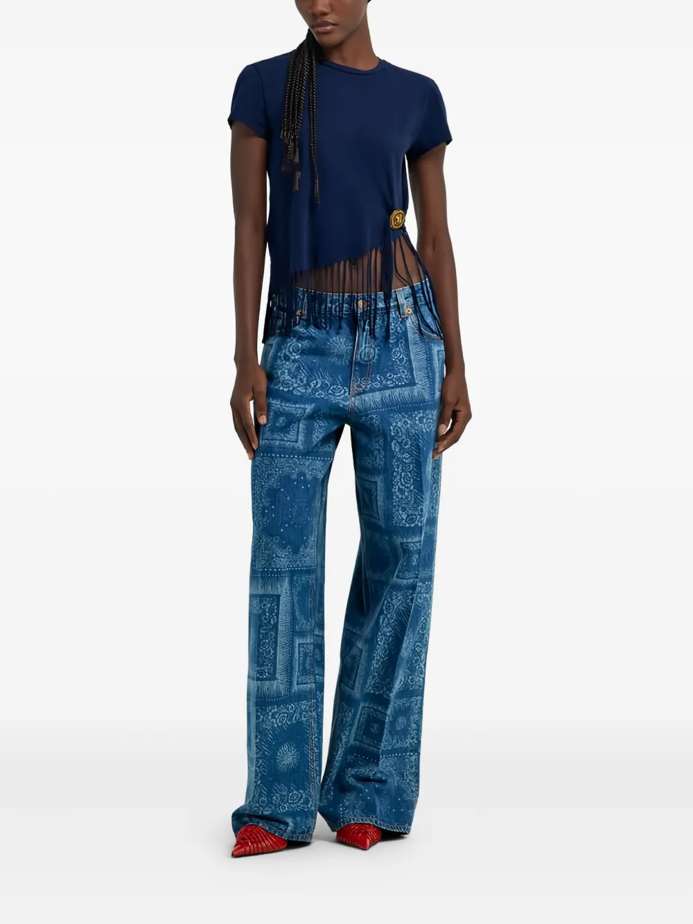 Roberto Cavalli Fringe-detail Button T-shirt In Blue