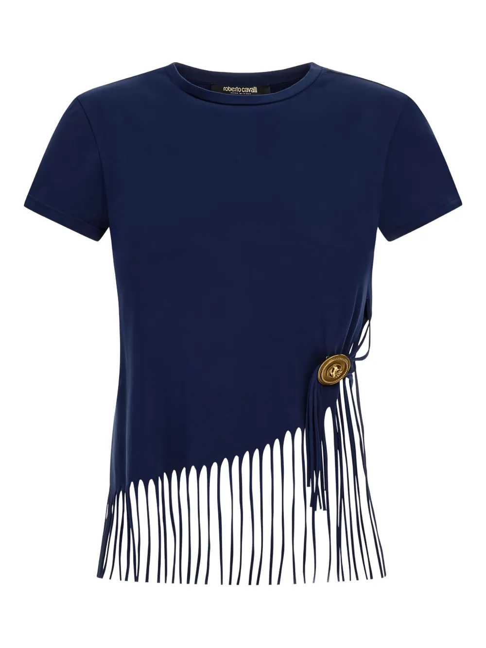 Roberto Cavalli Fringe-detail Button T-shirt In Blue