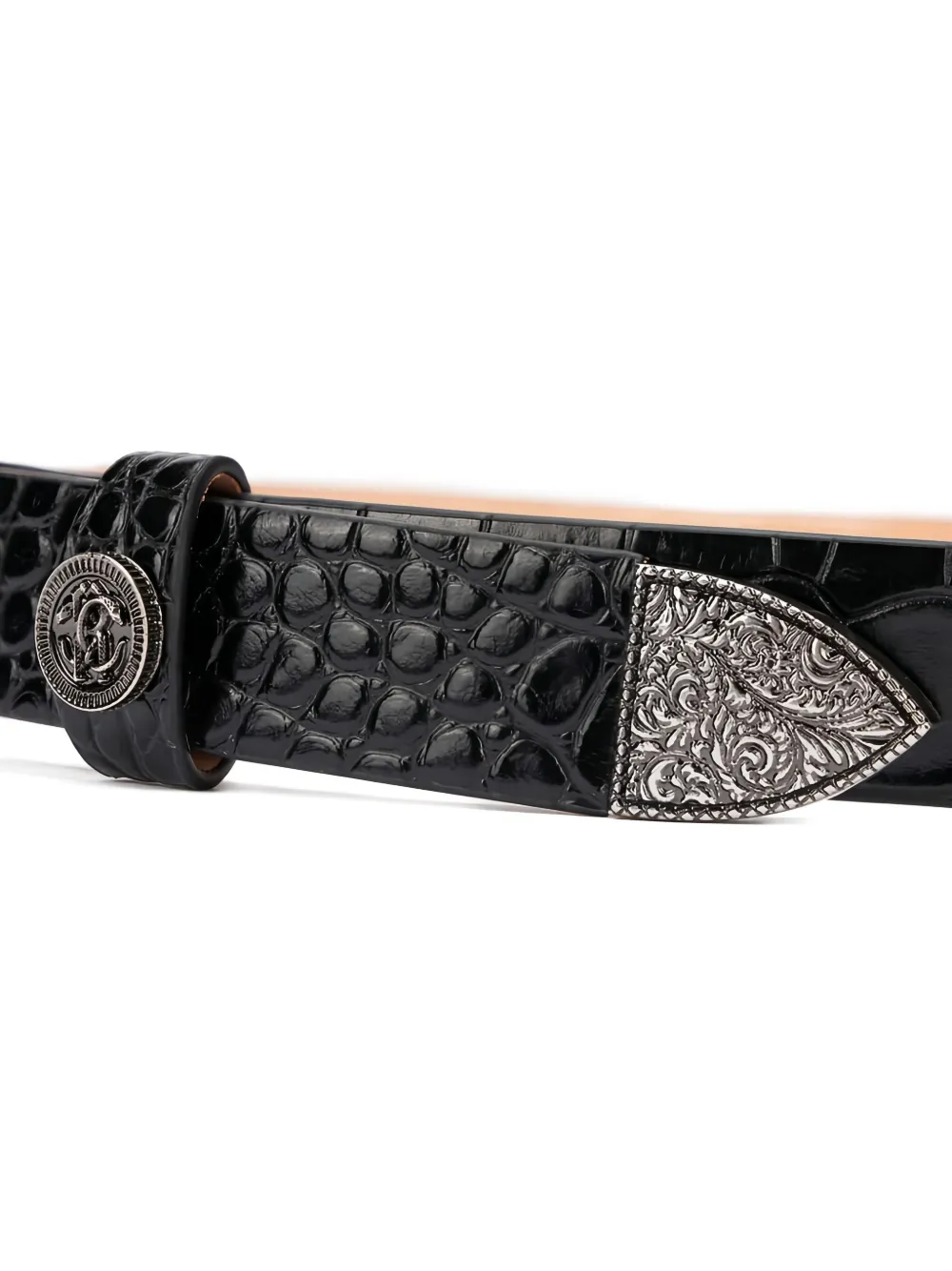 Roberto Cavalli Leather Belt With Mirror Snake Monogram In Black
