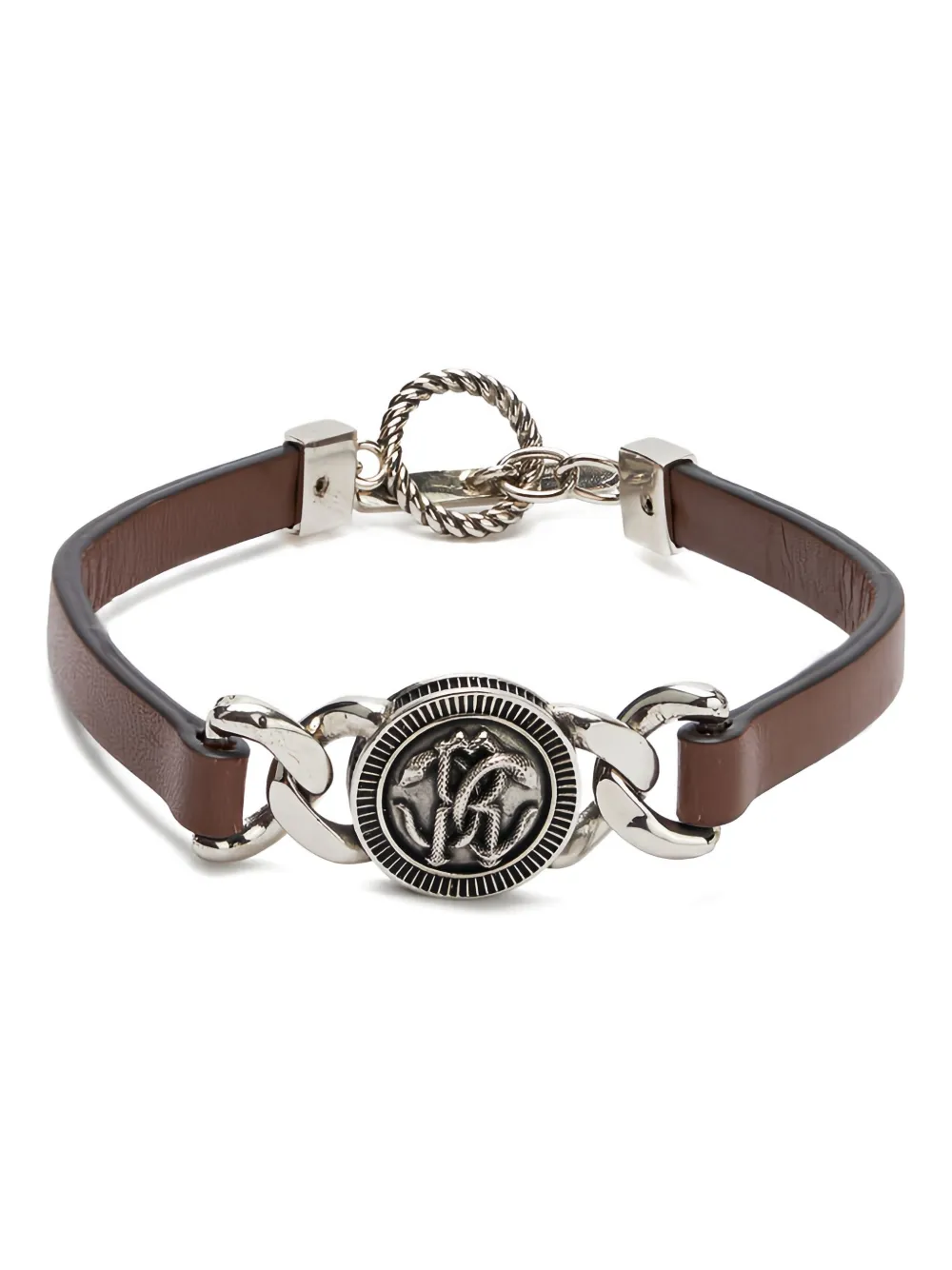 Roberto Cavalli Leather Bracelet With Mirror Snake Monogram In Brown