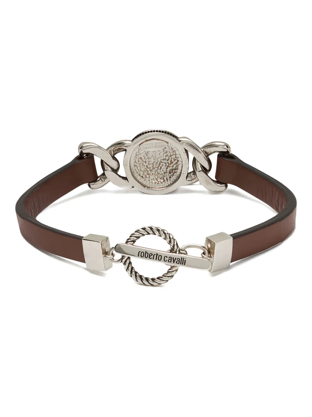 Roberto Cavalli Leather Bracelet With Mirror Snake Monogram In Brown