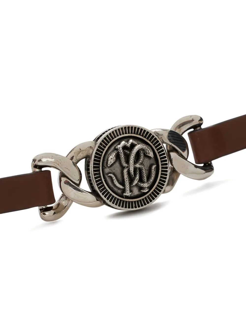 Roberto Cavalli Leather Bracelet With Mirror Snake Monogram In Brown