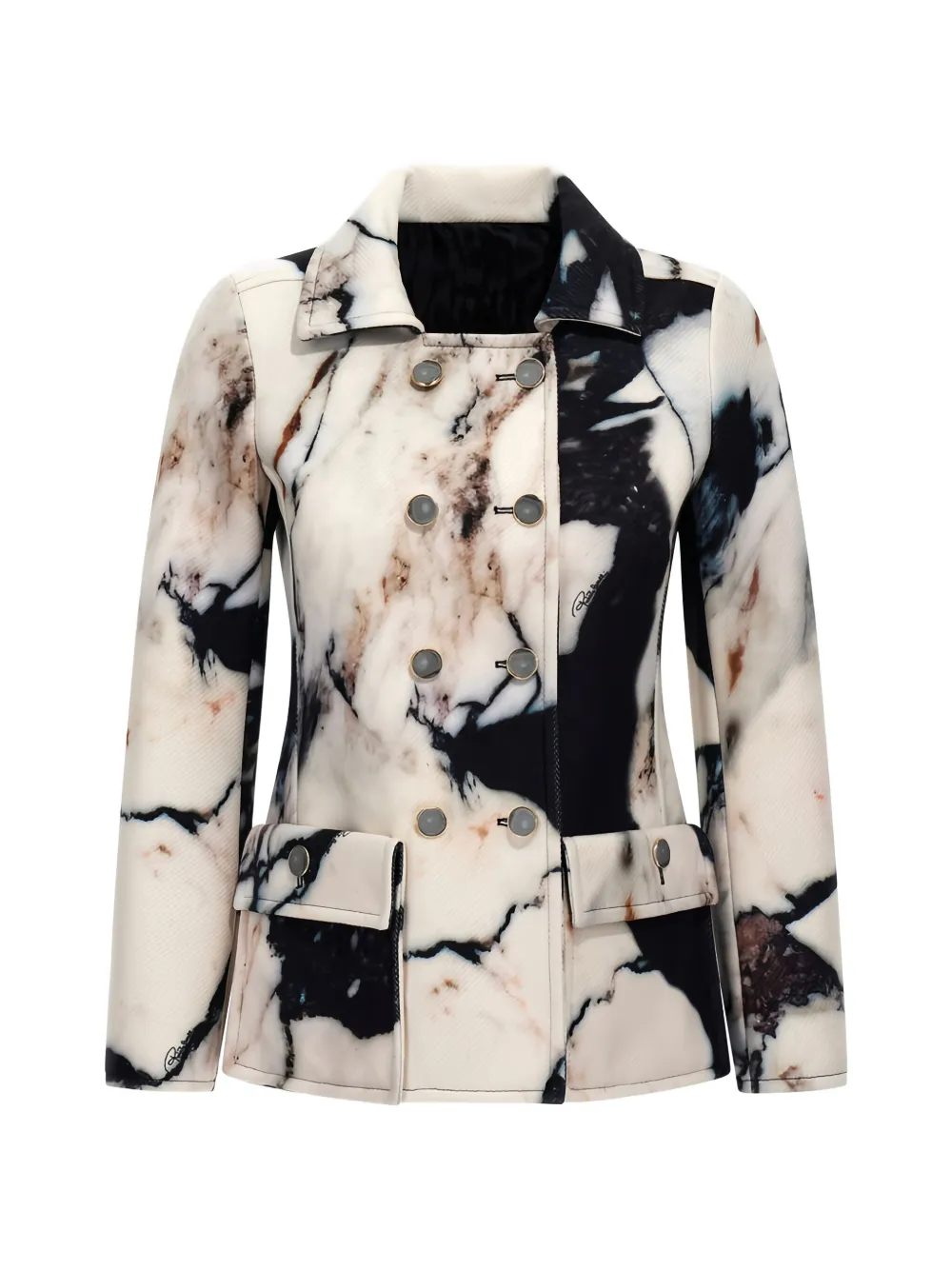Roberto Cavalli Marble-print Double-breasted Jacket In White