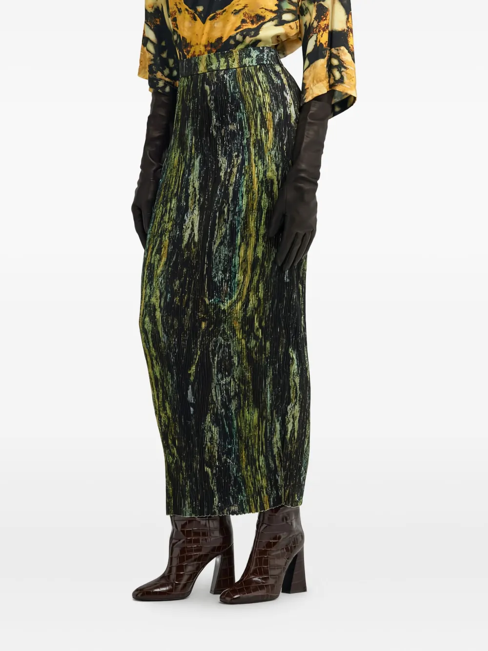 Roberto Cavalli Pleated Printed Midi Skirt In Green
