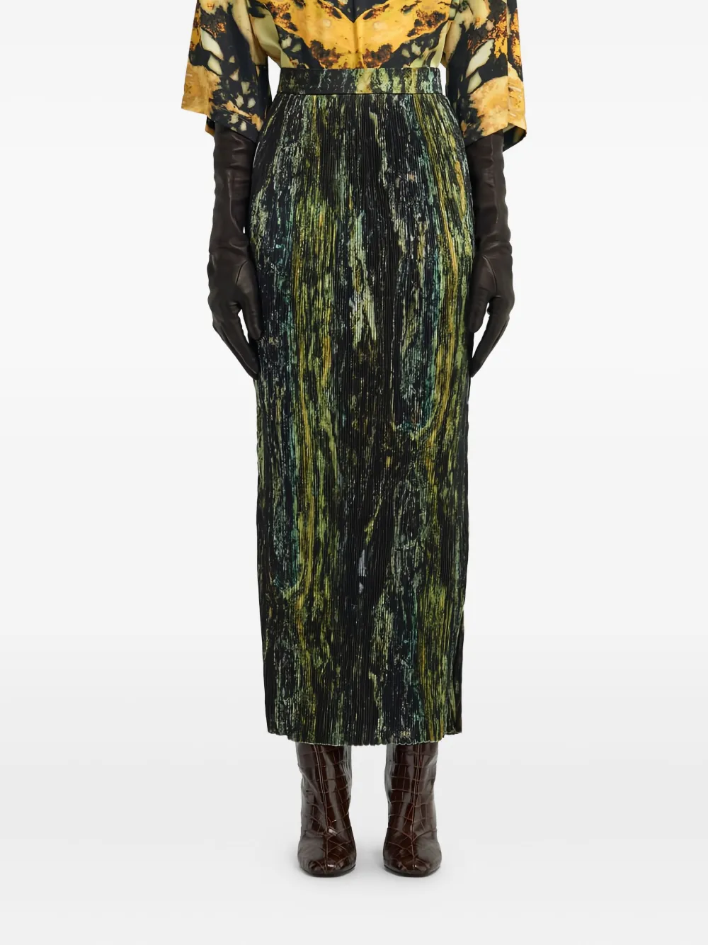 Roberto Cavalli Pleated Printed Midi Skirt In Green