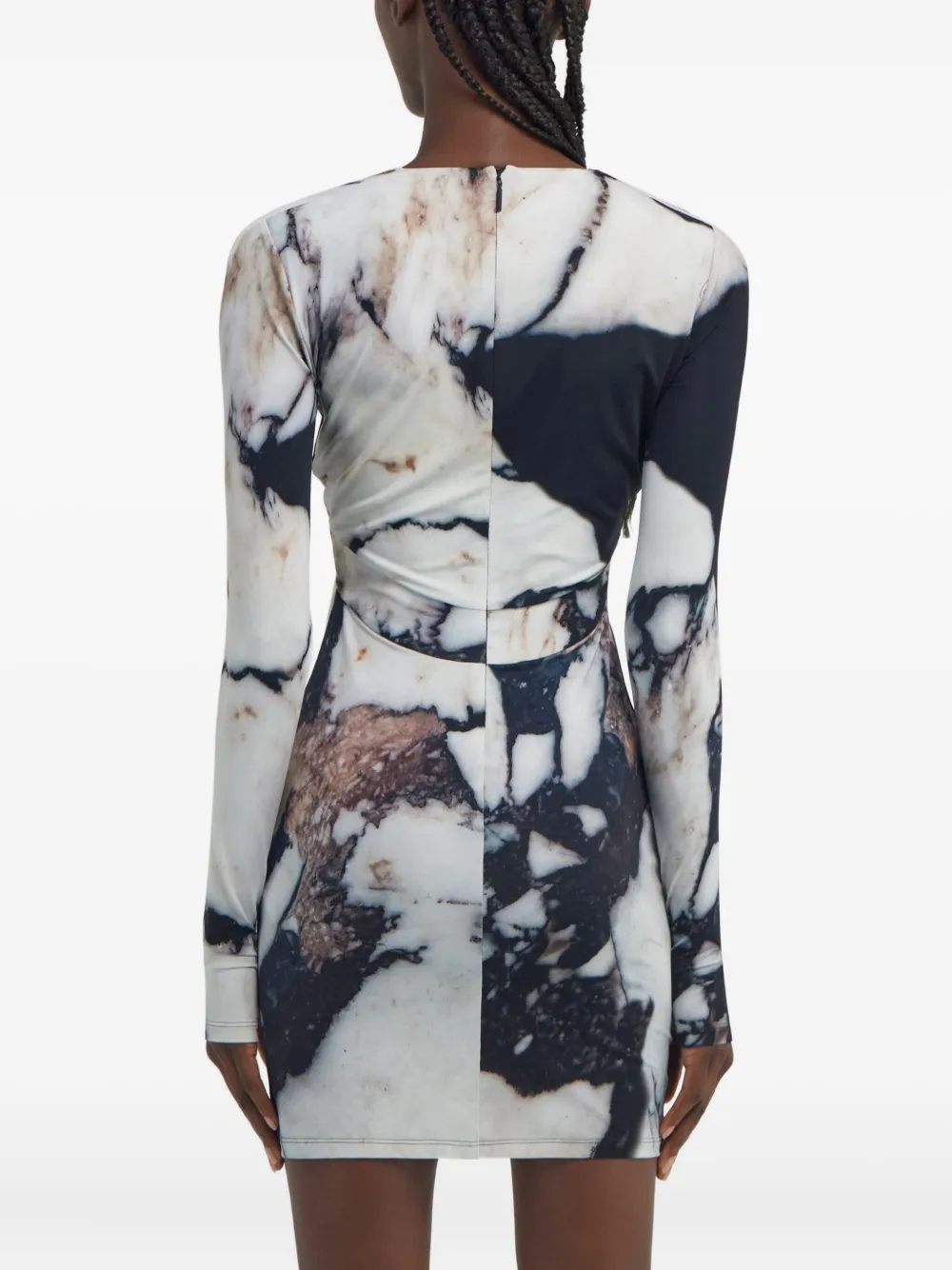 Roberto Cavalli Printed Abstract Fitted Mini V-neck Dress In Neutral
