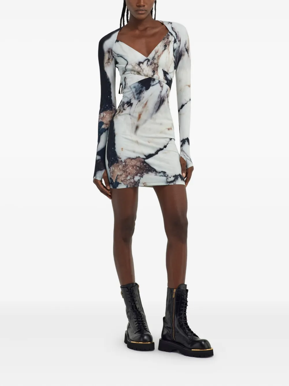 Roberto Cavalli marble-print V-neck mini dress - Wit