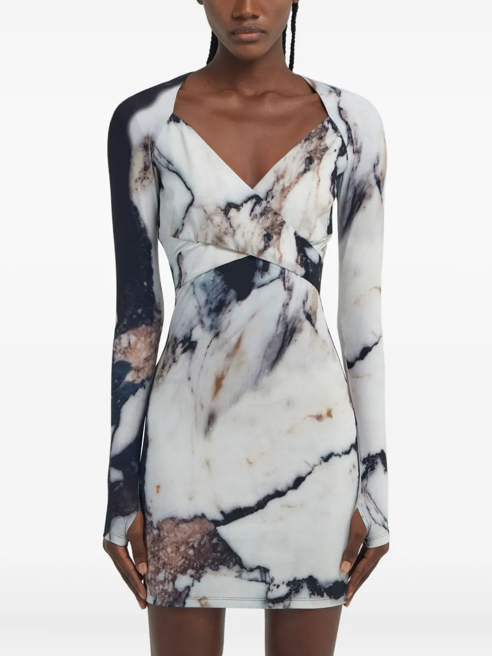Roberto Cavalli Printed Abstract Fitted Mini V-neck Dress In Neutral