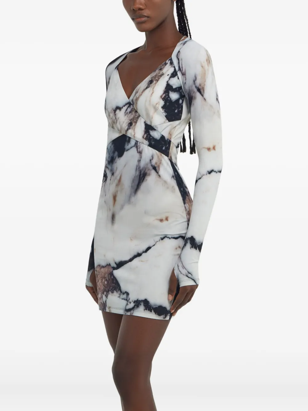 Roberto Cavalli Printed Abstract Fitted Mini V-neck Dress In Neutral