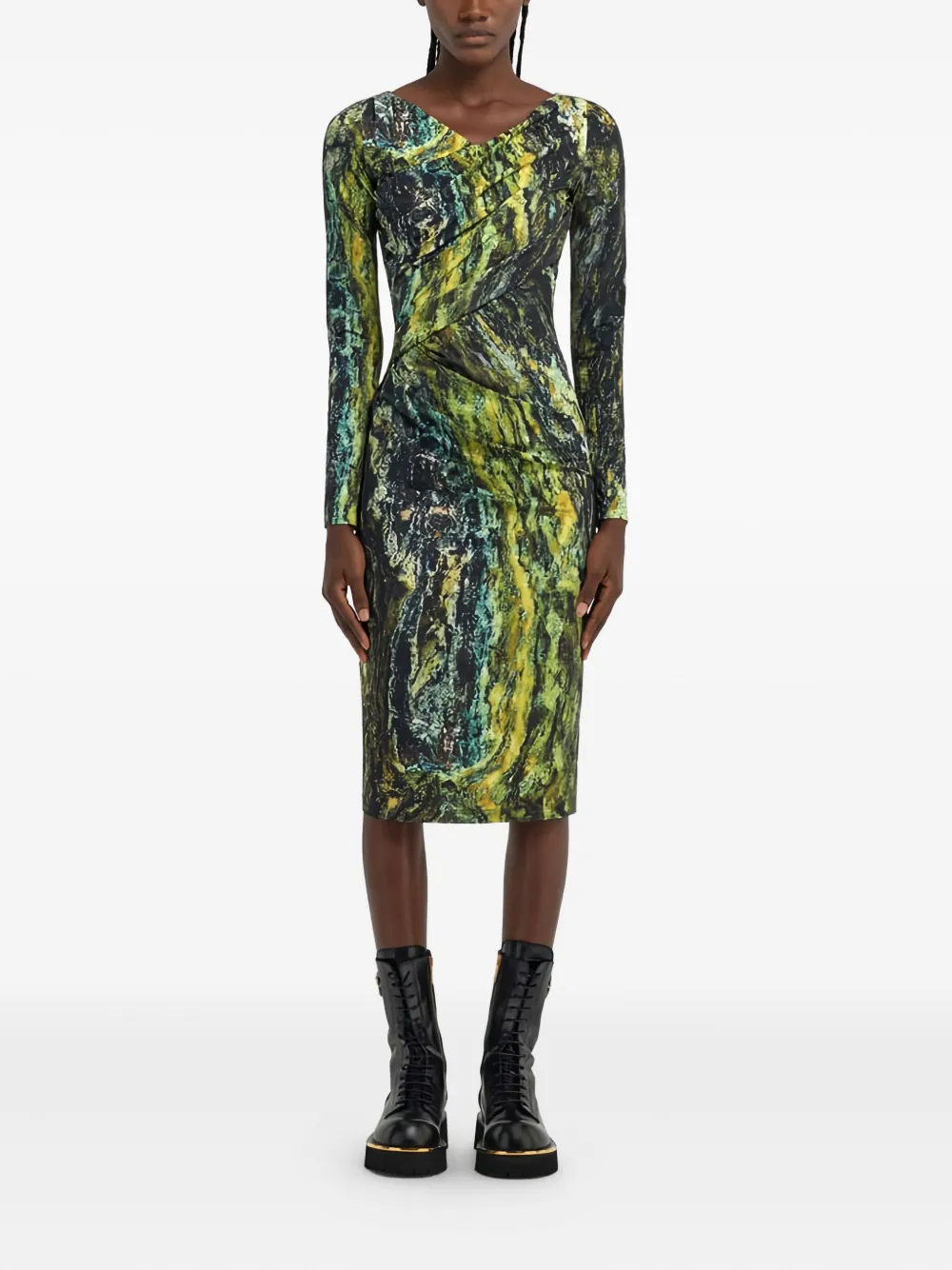 Roberto Cavalli marble-print long-sleeve dress - Groen