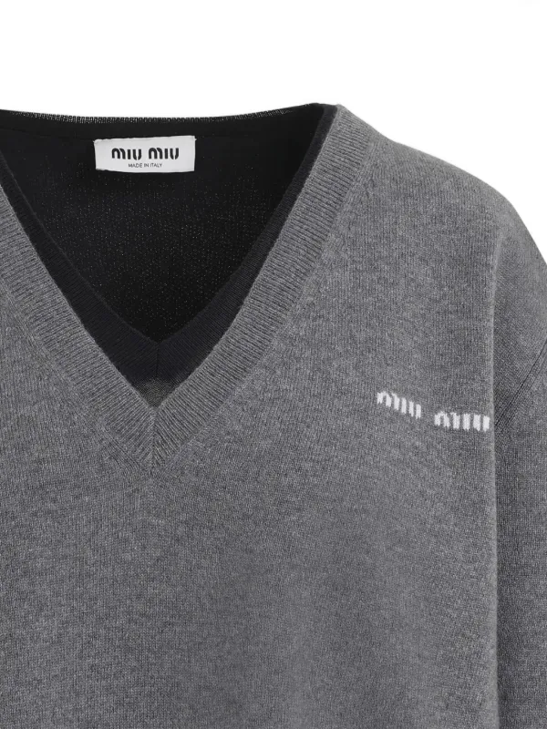 Miu Miu V-neck logo-embroidered Sweater | Grey | FARFETCH