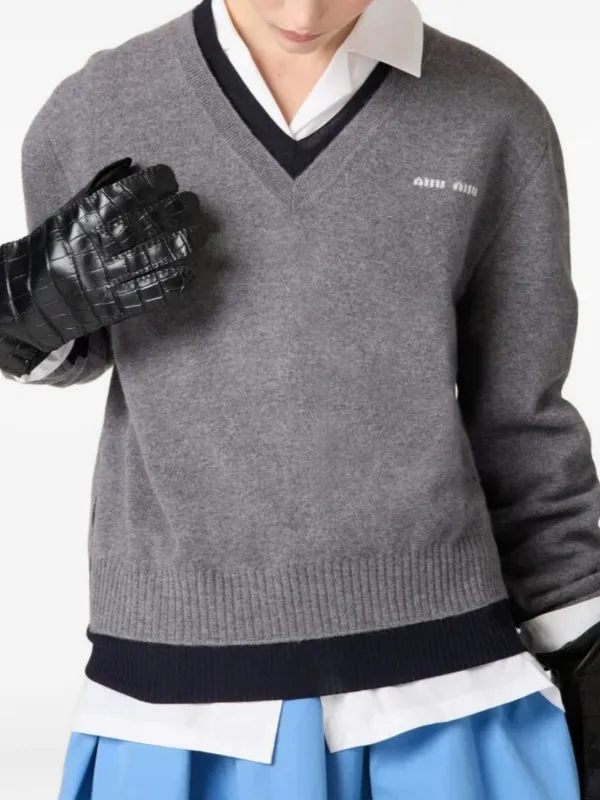 Miu Miu V-neck logo-embroidered Sweater | Grey | FARFETCH