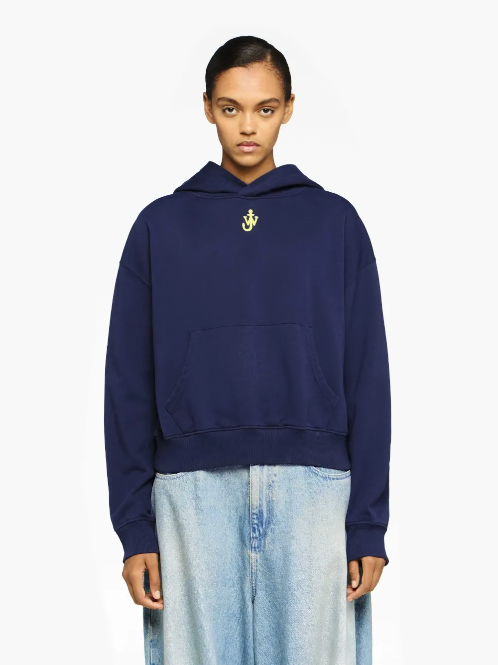 Shop Jw Anderson Cropped Hoodie With Anchor Embroidery In Blue