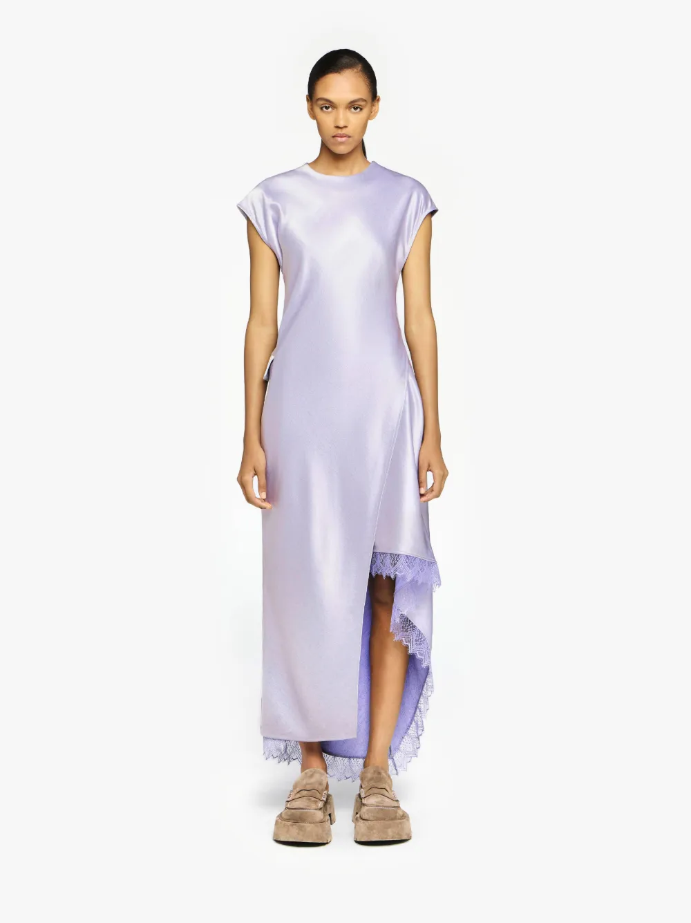 Jw Anderson Asymmetric Lace Trim Layered Dress In Purple