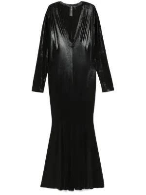 ganni black velvet dress Black Velvet Jersey Puff Sleeve Maxi Dress