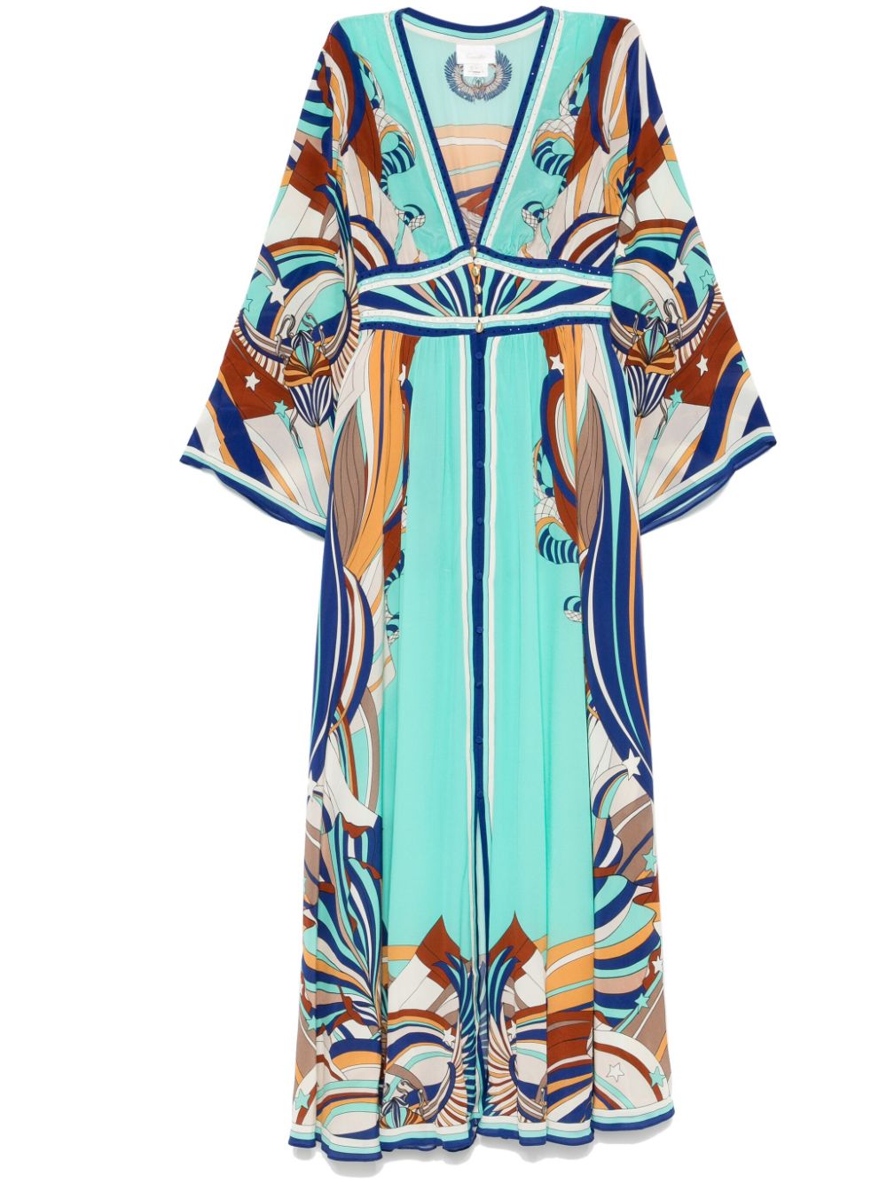 shirring-detailed flared-sleeves maxi dress