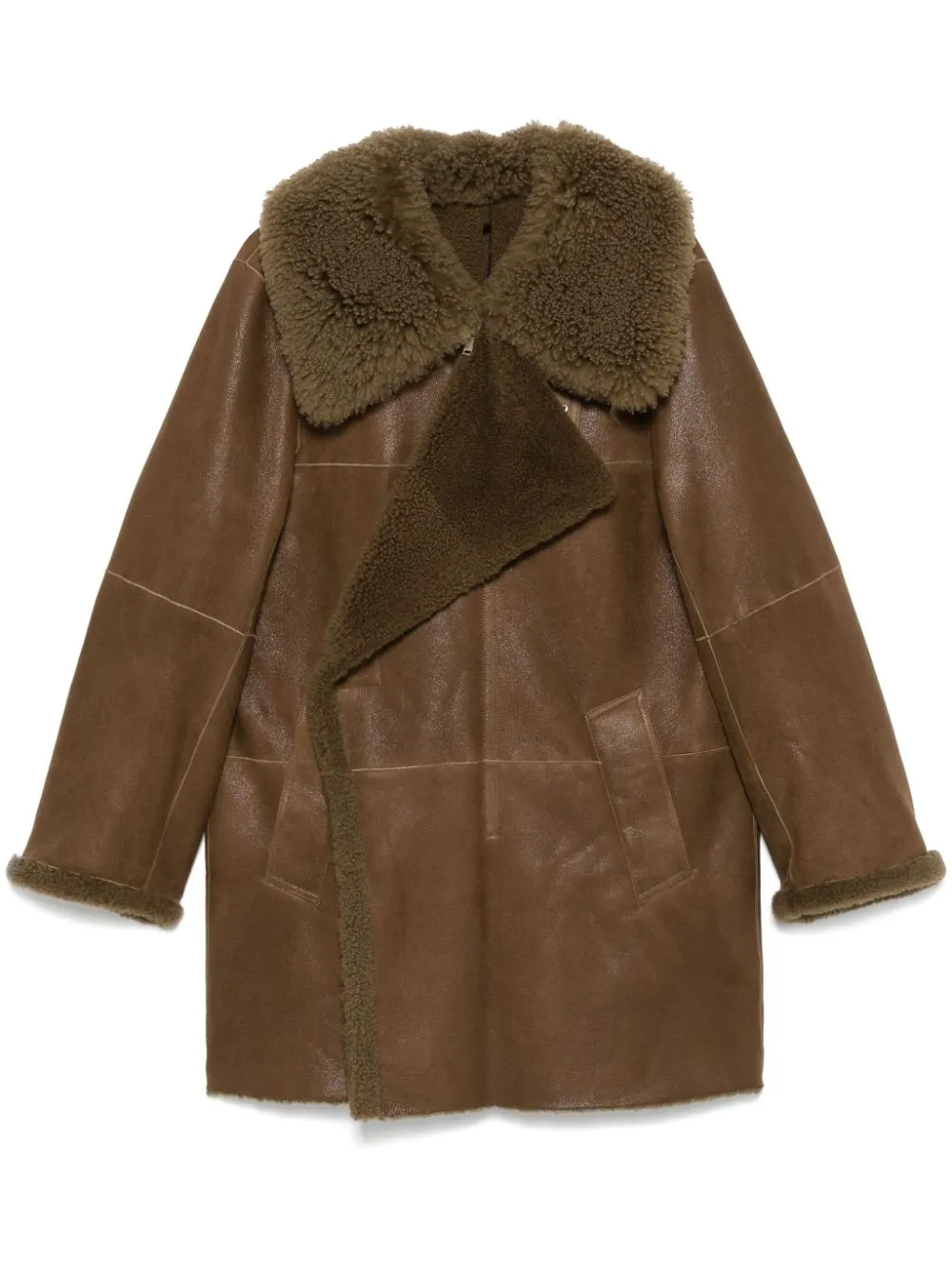 Lemaire Asymmetric Shearling Coat In Brown