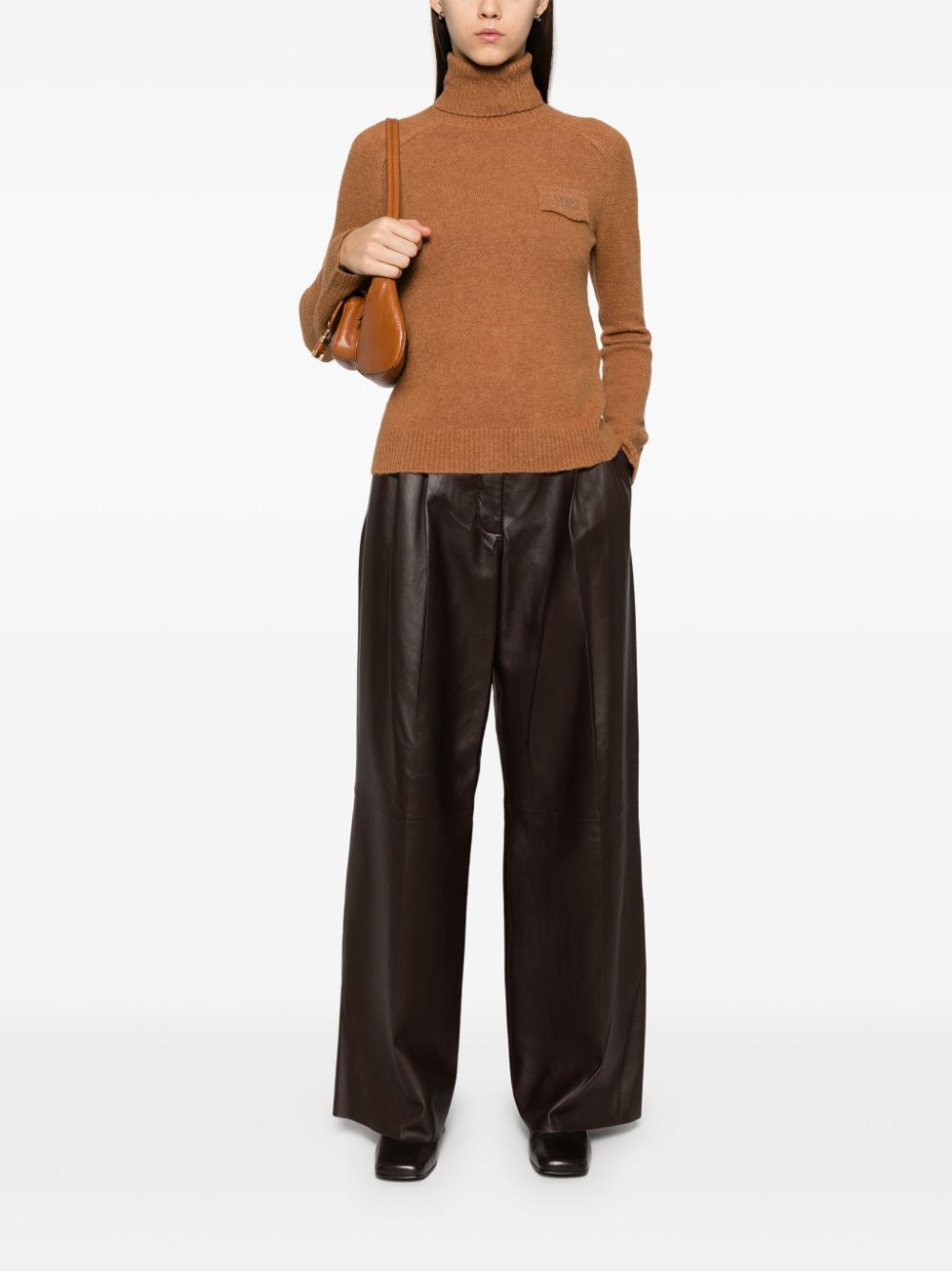 Shop Liu •jo Logo-embroidered Turtleneck Sweater In Brown