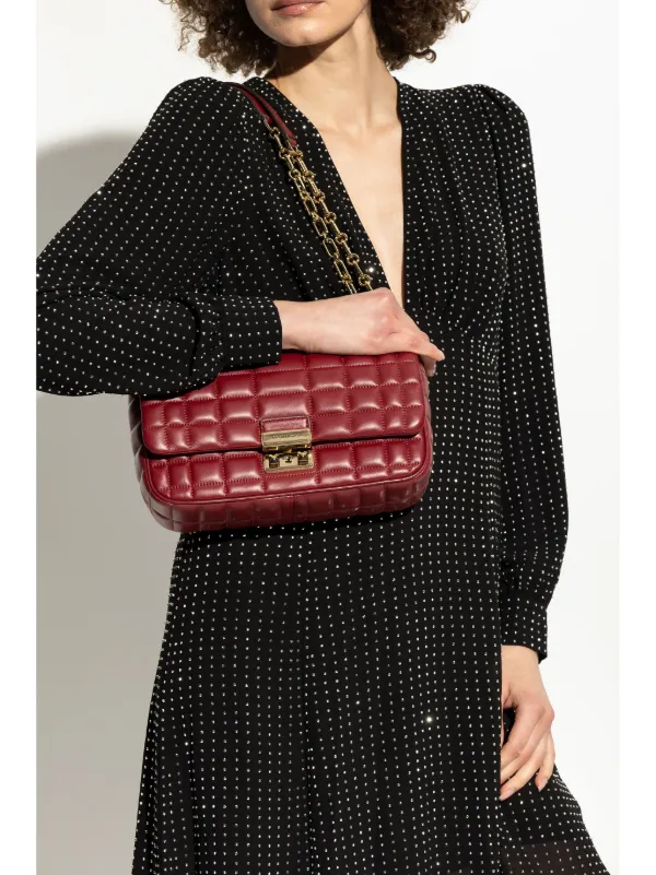 Red quilted leather handbag top