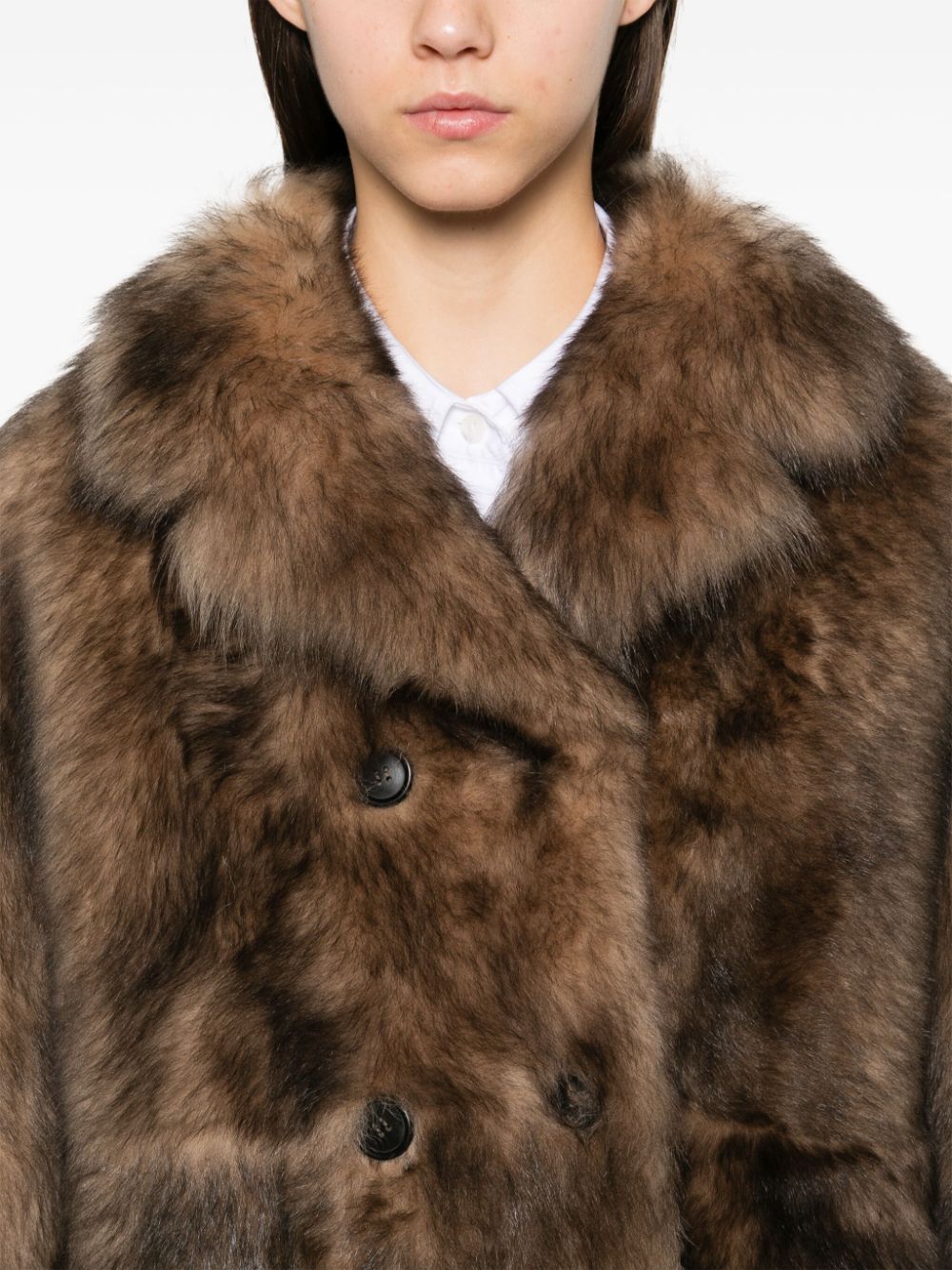 Shop Miu Miu Double-breasted Shearling Coat In Braun