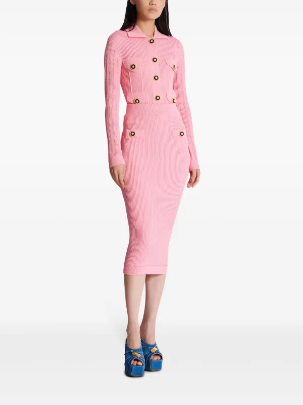 【関税&送料込】Balmain Knitted Midi Skirt Embellished knit midi skirt in pink - Balmain | Mytheresa