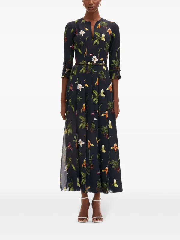 oscar de la renta orchid silk twill midi dress Oscar de la Renta Orchid Print Poplin Midi Dress with Sash Detail