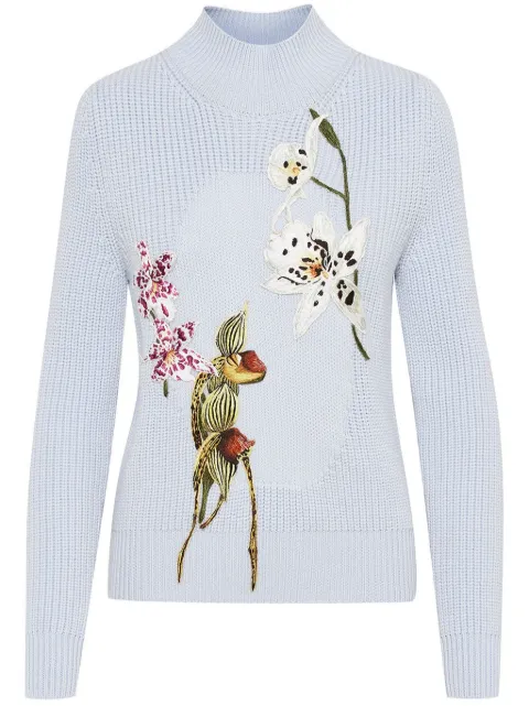 Oscar de la Renta Orchid Embroidered Portrait sweater
