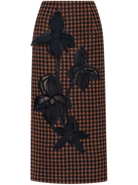 Oscar de la Renta Orchid embroidered check-tweed pencil skirt