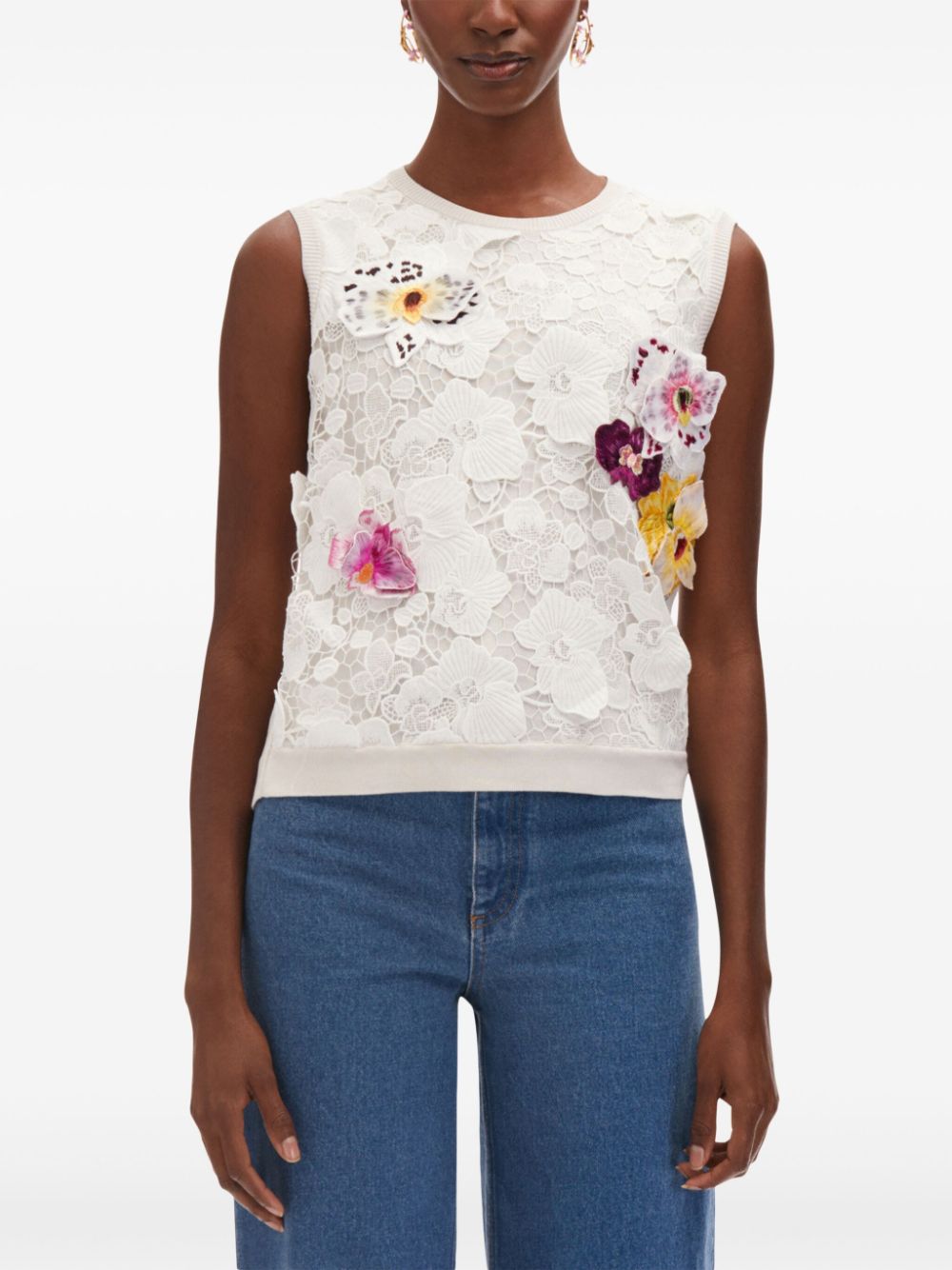 Shop Oscar De La Renta Orchid Threadwork-inset Tank Top In White