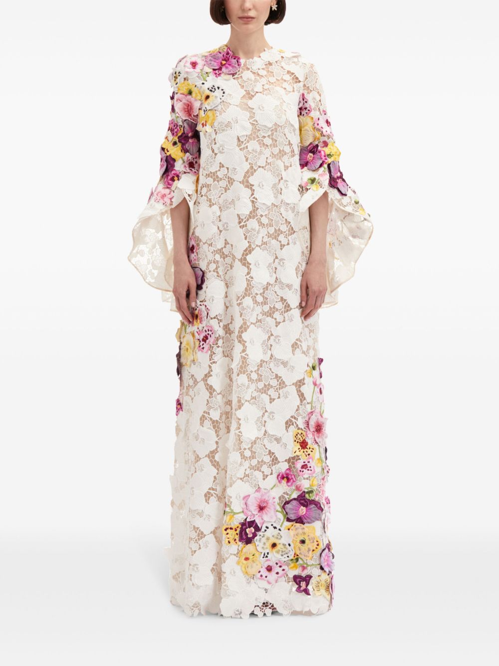 OSCAR DE LA RENTA ORCHID EMBROIDERED GUIPURE KAFTAN