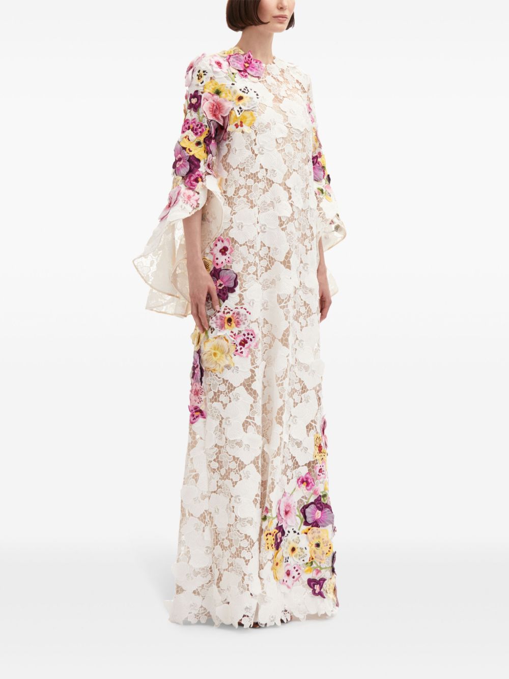 OSCAR DE LA RENTA ORCHID EMBROIDERED GUIPURE KAFTAN