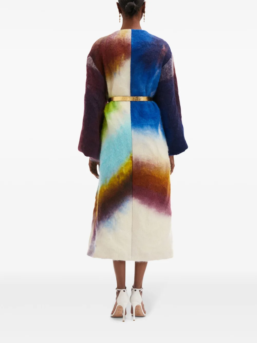 Oscar De La Renta Bracelet Sleeve Furry Abstract Watercolor Coat With Belt In Blau