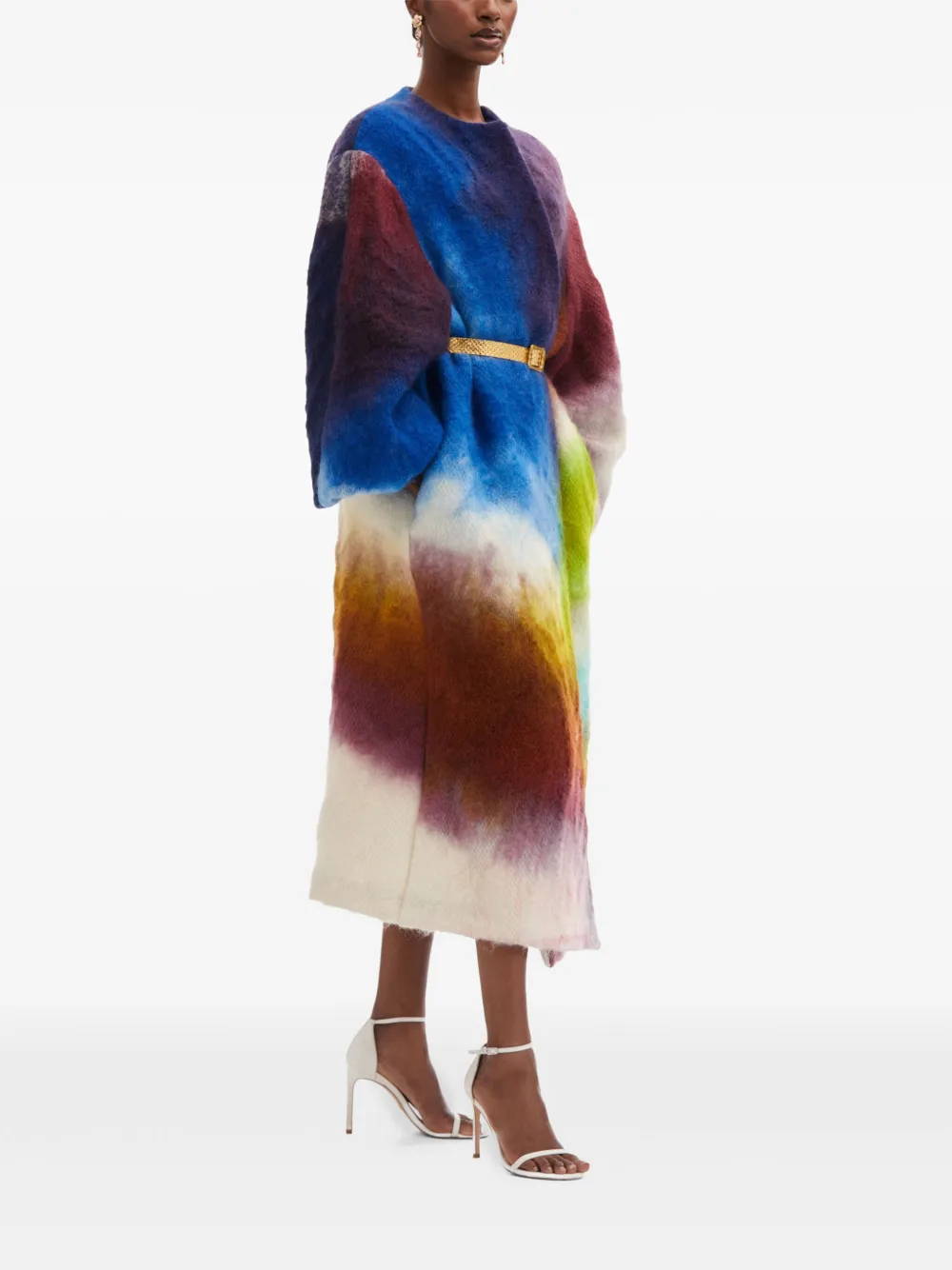 Oscar De La Renta Bracelet Sleeve Furry Abstract Watercolor Coat With Belt In Blau