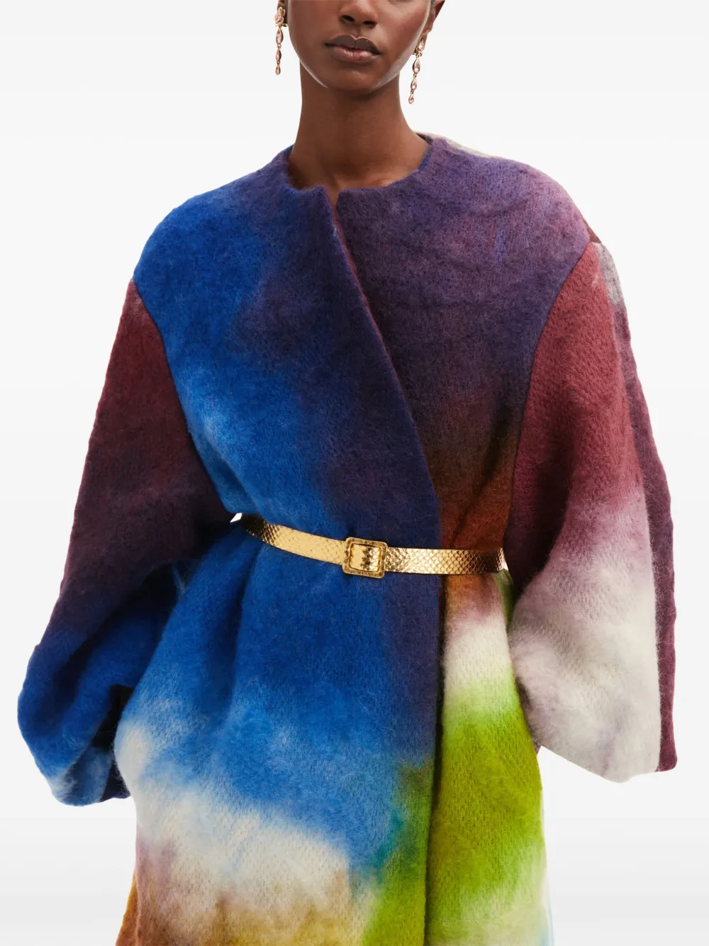 Oscar De La Renta Bracelet Sleeve Furry Abstract Watercolor Coat With Belt In Blau