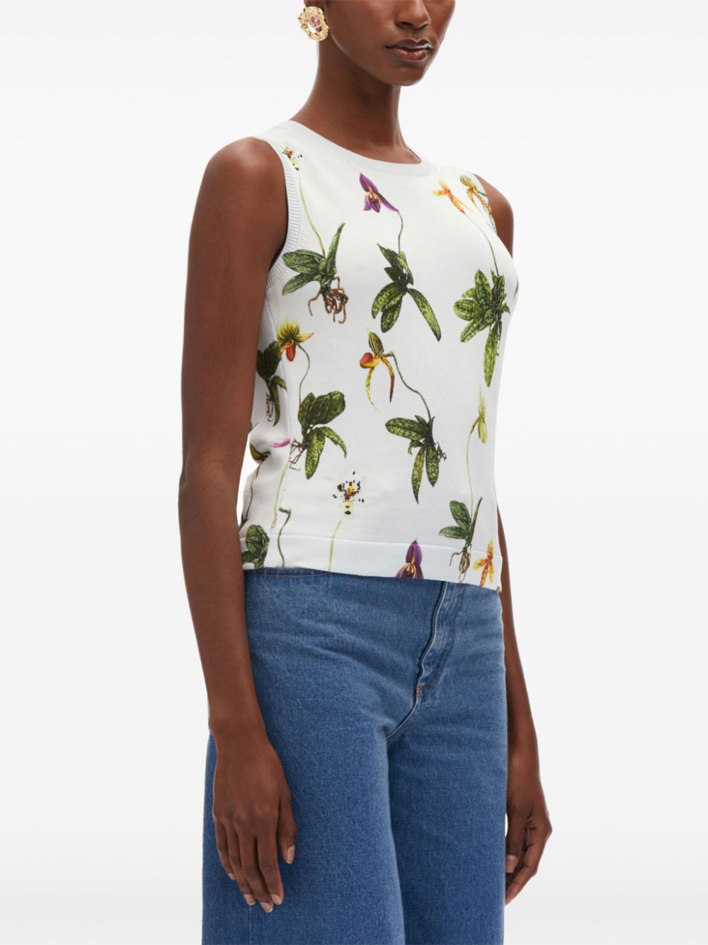 Shop Oscar De La Renta Orchid-print Tank Top In Blue