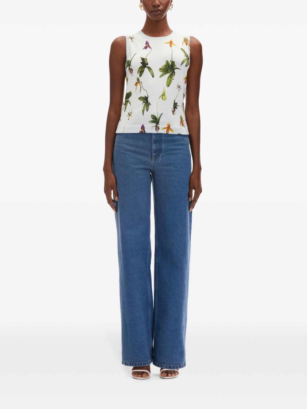 Shop Oscar De La Renta Orchid-print Tank Top In Blue