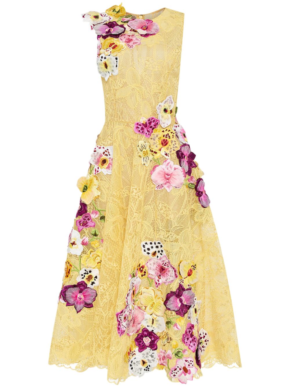 Oscar De La Renta Orchid Embroidered Picot-lace Dress In Yellow