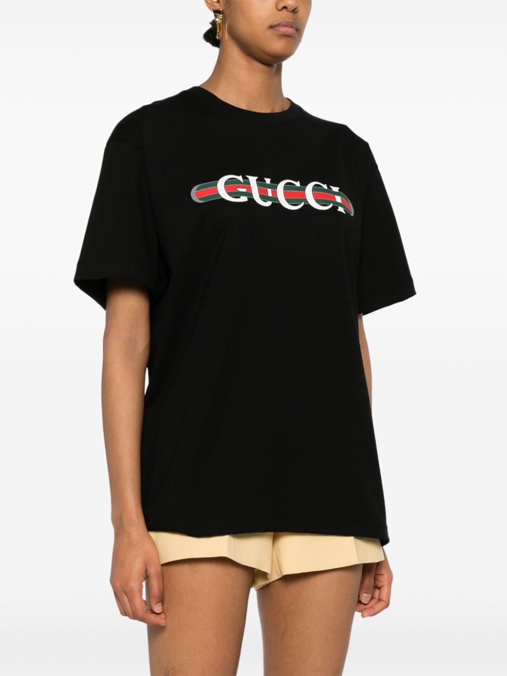 Shop Gucci Printed Cotton T-shirt In Black